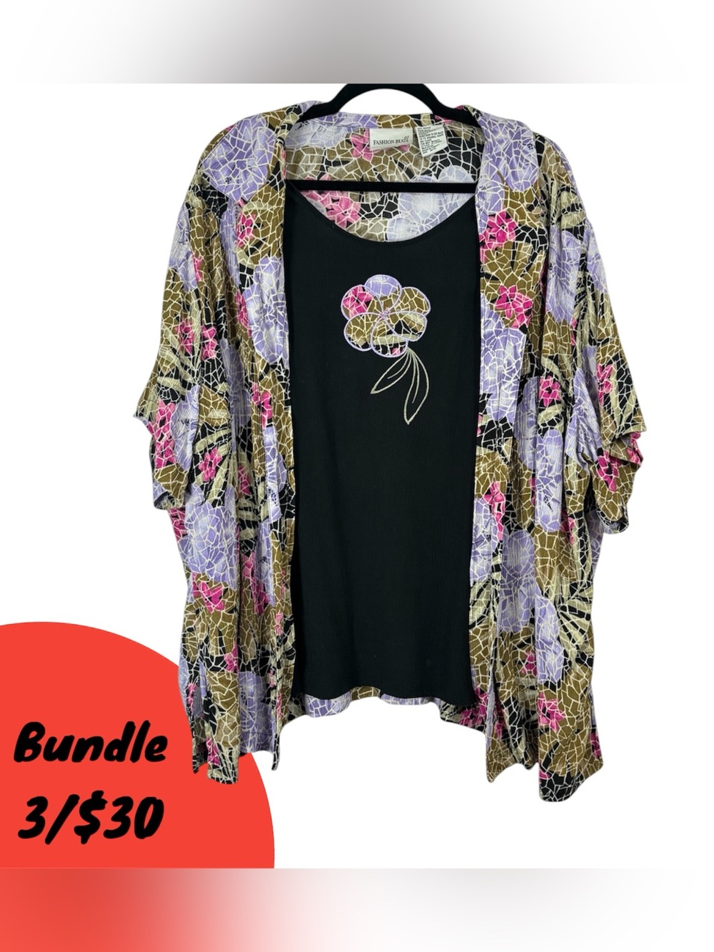 Fashion Bug Black Tank with Floral Overlay Kimono in Purple, Pink  Tan Plus Size
